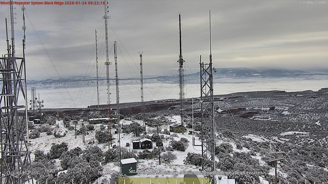 Black Ridge repeater site towers overlooking snowy western Colorado terrain